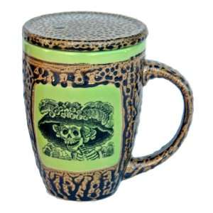 Day of the Dead Skeleton Mug with Lid in Dark Yellow:  