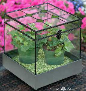 Stained Glass Plant Terrarium Display Case Metal Tray Green Accents 