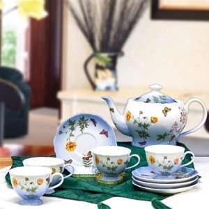   Flower & Butterfly Tea Set with Teapot and Four Cups and Saucers