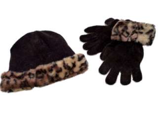 Girls Black Hat & Gloves set Leopard Fur Trim beanie  