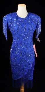   Blue BEAD SEQUIN Silk FRINGE Slv Hem KEYHOLE Flapper Dress 6  