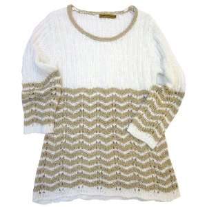 Identity Club Three Quarter Sleeve White, Tan, and Gold Knit Sweater 