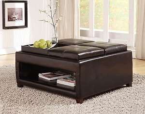 Modern Espresso Brown Bonded Leather Ottoman w/ Reversible Tray Table 