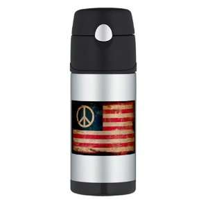   Thermos Travel Water Bottle Worn US Flag Peace Symbol: Everything Else