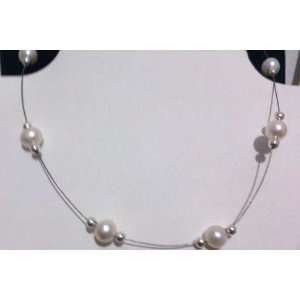  Floating White Akoya Pearl Sterling Silver Necklace 