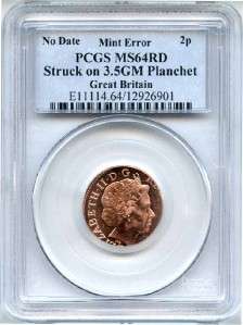 No Date 2p Mint Error PCGS MS64RD Struck 3.5GM Planchet Great Britain 