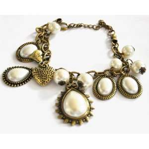  jewelry faux pearl Art Deco vintage bracelet hearts bronze 
