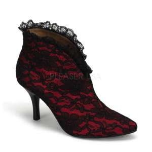 RED SATIN & BLACK LACE WOMENS ANKLE BURLESQUE BOOTS  