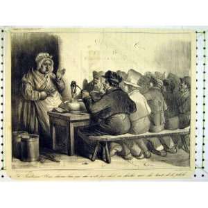   C1875 Antique Drawing Dinner Lady Hungry Working Men
