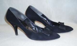 Vintage 50s CARDO Black Suede Heels Pumps Shoes 9 1/2  