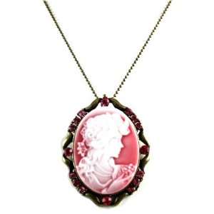   Pink Crystal Cameo Charm Necklace Accents Antique Gold Finish Jewelry