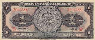 Mexico $ 1 Peso Calendar Azteca 4 XII, 1957 Exc Note  