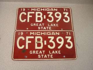 Vintage 1971 Michigan License Plates Front & Back Pair CFB 393  