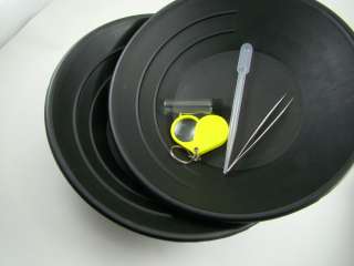 Gold Panning Kit  2 Black 10 Pans Sniffer Magnifier Tweesers Vial 