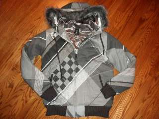 BILLABONG gray plaid lined fur trim hood jacket coat Mens S Small Boys 