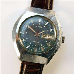 vintage Russian Watch SLAVA Date 26J DAY/DATE Blue  