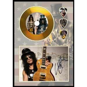  Slash Gold Disc & Guitar Picks, Signed A4 Sized Display 
