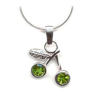  Silver Peridot Gemstone Pendant Necklace in Cherry Design, August 