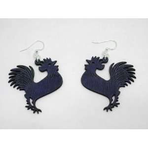    Evening Blue Rooster Cockerel Wooden Earrings GTJ Jewelry