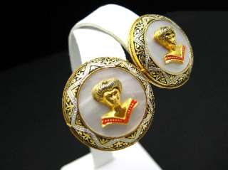 Vtg DAMASCENE Toledoware Oriental Lady Earrings Lucite  