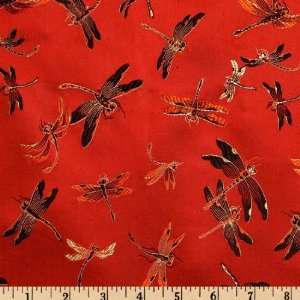  29 Wide Chinese Silk Brocade Small Dragonflies Red Fabric 