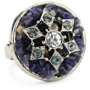   Sage Crushed Stone Silver Tone and Blue with Crystals Ring, Size 7