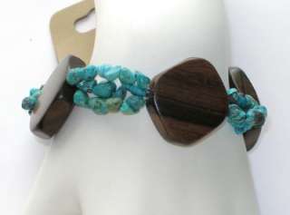 COLDWATER CREEK Stretch BRACELET Wood & Turquoise Chips  