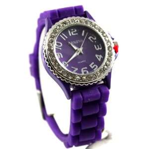  Geneva Dark Purple Ceramic Look Silicone Fashion Watch with Crystal 