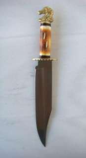Vintage Stag And Brass Handle Bowie Knife Fixed 9 3/4 Blade Leather 