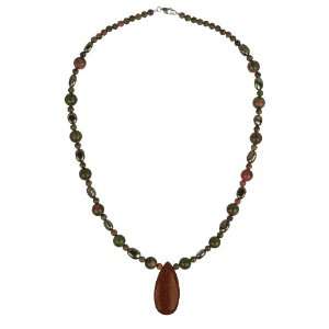 18 Unakite and Freshwater Pearl Bead Necklace with Goldstone Pendant