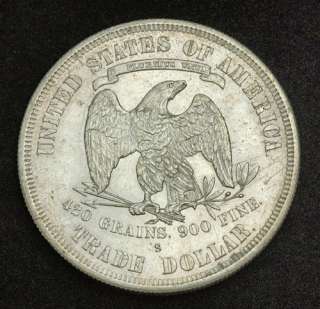 1877 S, United States. Large Silver Trade Dollar Coin. AU UNC!  