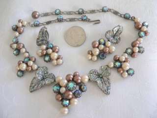   Schiaparelli pearl grapes ab leaves demi parure necklace clip earrings