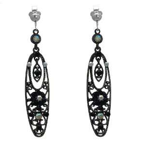   : Genovena Antique Silver Black AB Crystal Clip On Earrings: Jewelry