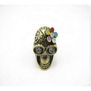  Punk vintage jewelry bronze tone skull ring enamel flower 