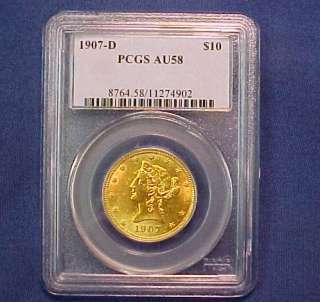 PCGS AU58 CERTIFIED 1907 D LIBERTY EAGLE $10 DOLLAR U.S GOLD COIN