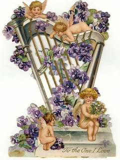   Block Vintage Postcard Printed onto Fabric Violets Harp Cupids  