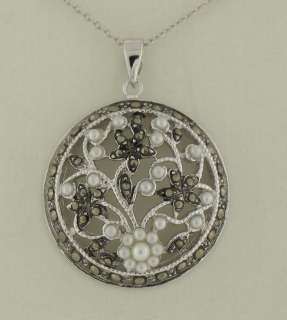 Marcasite St. Silver Filigree Seed Pearl Curve Pendant  