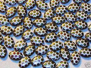 CZECH PRESSED GLASS PEACOCK BEADS WHITE DOTS LARGE OVAL  
