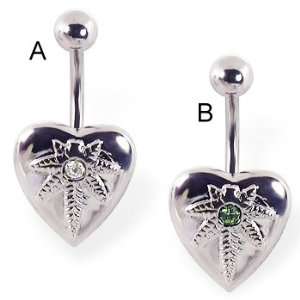    Heart belly ring with pot leaf logo and gem, clear   A Jewelry