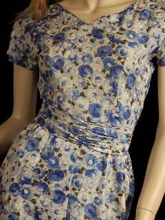 Vintage Day Dress Blue Silk Floral 1950’S 34 24 36  