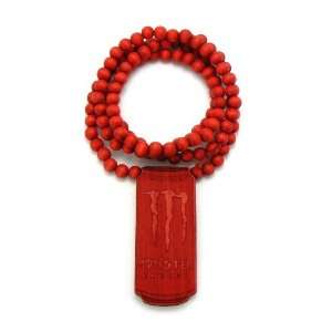  Red Wooden Monster Can Logo Pendant with a 36 Inch Beaded 