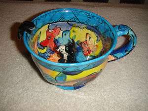 Holly  Ceramic Art Pottery Painted Cup Dog Inside Looking At Cat 
