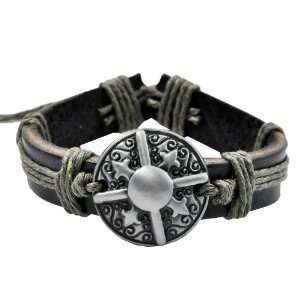    Black Leather Hemp Metal Shield Leather Bracelet, #79 Jewelry