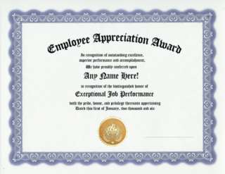 EMPLOYEE APPRECIATION AWARD CERTIFICATE JOB RECOGNITION  