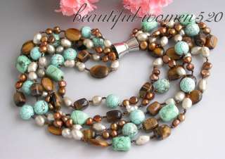 5row 20 coffee gray pearl massive tigers eye turquoise NECKLACE 