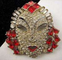 unsigned Mazer Art Deco Crystal Baguette Face Mask Pin  