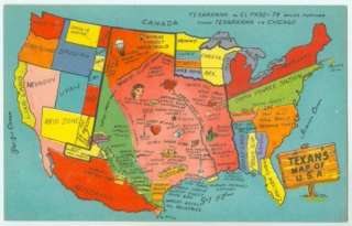 040210 TEXANS MAP OF USA VINTAGE COMIC TEXAS TX POSTCARD  