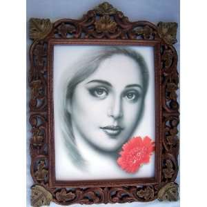  A Indian lady with Flower wood craft hand Made wood frame 