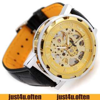 Luxury Golden Skeleton Leather Mens Hand Wind Mechanical Wrist Watch 