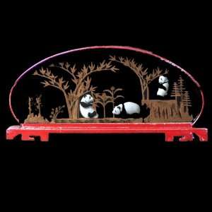  Cork Art of Pandas at Play in Glass Display 14 Inches Wide 